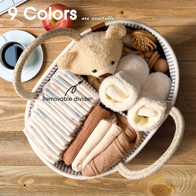 J&JOO Baby Changing Basket includes Diaper Caddy - Breathable & Waterproof Dual-Cover, Portable, Changing Pad for Dresser & Changing Table, Gift for Baby Shower (Brown & White, Diaper Caddy Set)