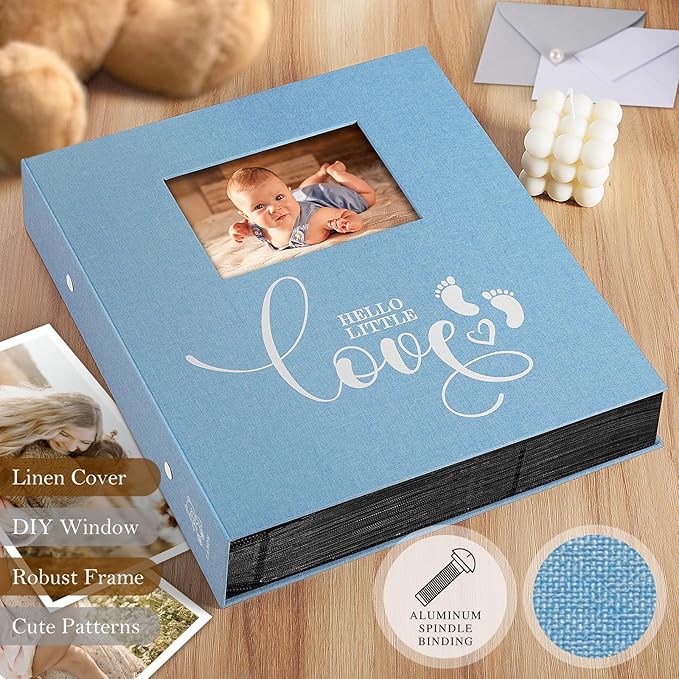 Lanpn Baby Photo Album 4x6 600 Pockets, Linen cover Newborn Bebe Memory Book Photobook Holds 600 Horizontal and Vertical Pictures, Picture Album with Front Window Gift for Boy Girl Baby Shower Blue
