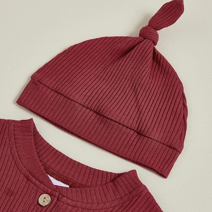 Newborn Baby Boy Clothes Long Sleeve Ribbed Bodysuit Pants Hat 3-Piece Outfit Set