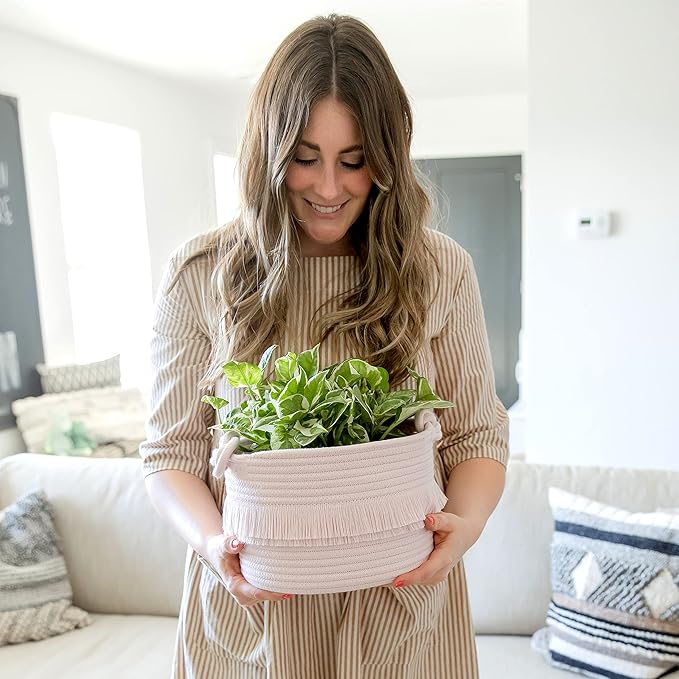 NaturalCozy 3-Piece Decorative Storage Basket Set – Pink Cotton Rope Small Woven Baskets for Organizing for Nursery Baby Stuff, Gift, Vanity, Montessori, Dog Cat Toy Bin, Planter, Bathroom Shelves