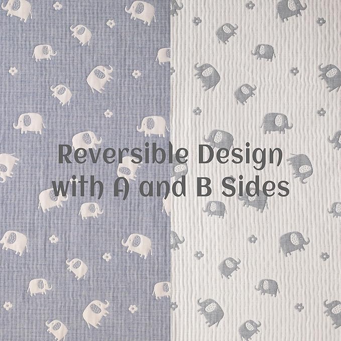 NTBAY 3 Layer Muslin Cotton Toddler Blanket, Jacquard Reversible Nursery Bed Blanket, Super Soft and Thermal for All Seasons, Decoration Gift, 30"x40", Blue Elephant