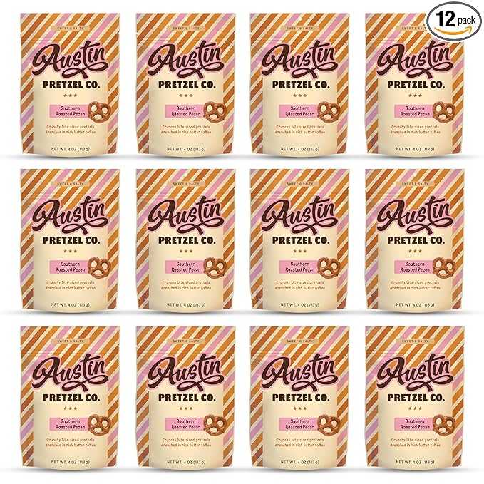 Southern Roasted Pecan Pretzels – 4 Oz Gourmet Snack, Crunchy Bite-Sized with Rich Butter Toffee Coating – A Taste of Texas in Every Bite (Pack of 12)