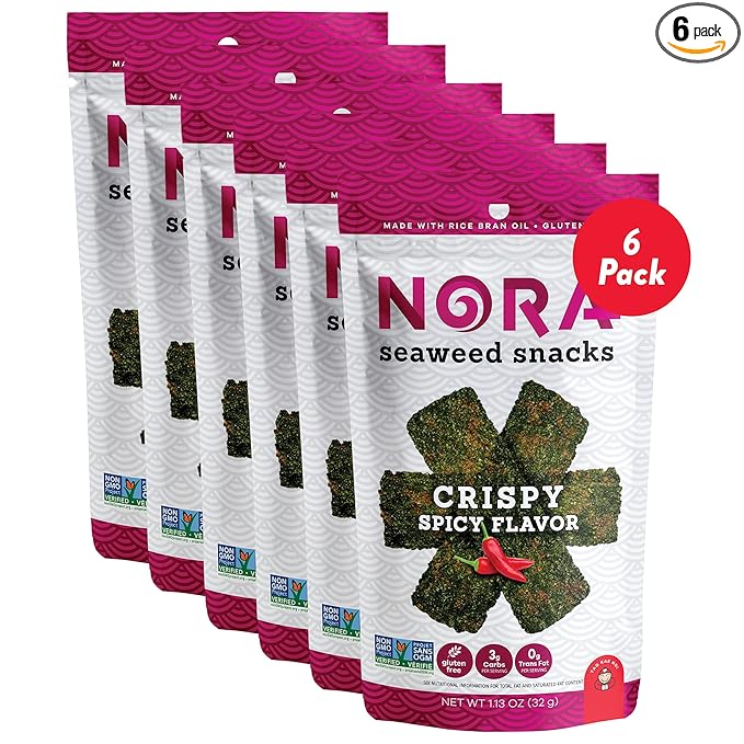 Crispy Spicy Seaweed Snacks by Nora, Thick Nori Sheets Snack Strips, Low-Carb Healthy Snacks for Adults, Asian Snacks, Vegan, Gluten-Free, Non-GMO, 6-Pack