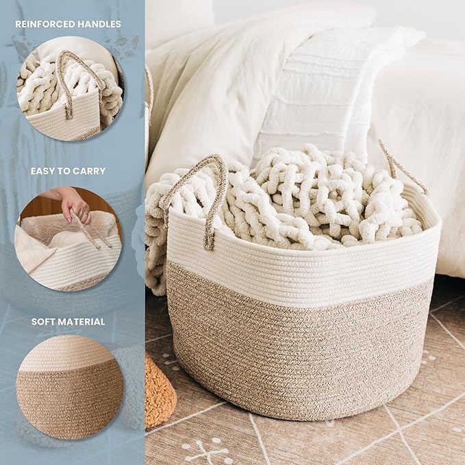 OrganiHaus Woven Laundry Basket, Large Cotton Rope Blanket Holder with Handles, Soft & Sturdy Nursery Hamper, Decorative Toy Bin for Living Room Organization 20x13 inches - Brown/Off-White