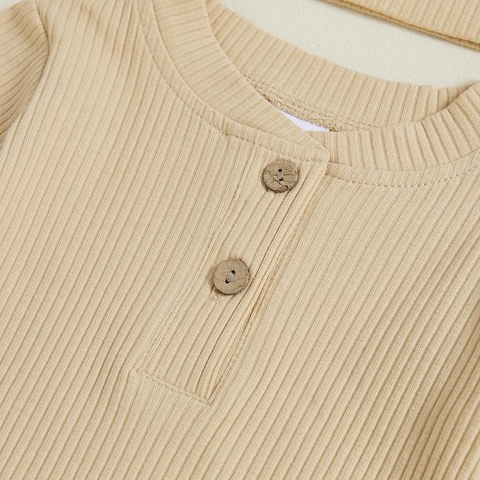 Newborn Baby Boy Clothes Long Sleeve Ribbed Bodysuit Pants Hat 3-Piece Outfit Set