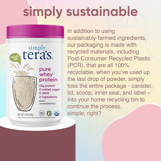 Simply tera's Pure Whey Protein Powder - Grass Fed Whey Protein Powder, Clean Protein Powder, Natural Protein Powder with Whey Protein, Unflavored Protein Powder, Non-GMO, Kosher, Unsweetened - 12 Oz