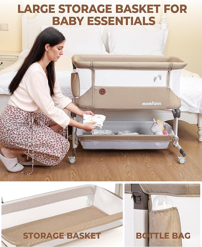 Baby Bassinet Bedside Sleeper, Upgraded Stability Bedside Crib with Full Mesh Sides, Soft Sheet, 6-Height Adjustment, Storage Basket, Easy Folding Portable Bassinet for Newborns,Camel