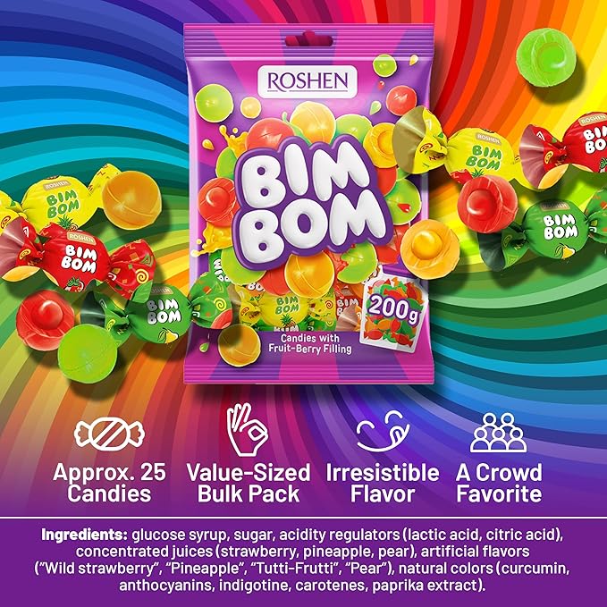 Roshen Bim Bom Hard Candy – Assorted Fruit & Berry Filled Candies, Individually Wrapped, 7.05 oz (200g), Pear, Pineapple, Strawberry, Tutti-Frutti – Kosher & Halal