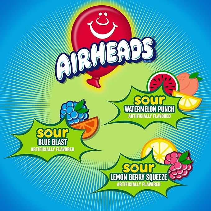 Airheads Sour Mini Halloween Trick or Treat Taffy Candy Bars, Watermelon Punch, Blue Blast & Lemon Berry Squeeze, Individually Wrapped Candy for Adults & Kids, Party Favors, 12 Oz Variety Bag
