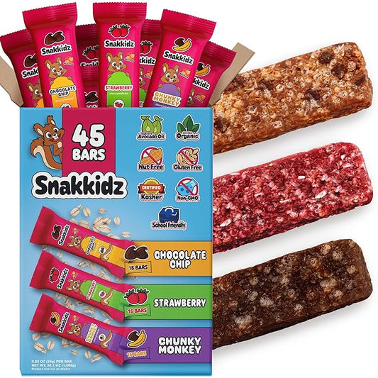 Snakkidz Organic Chewy Granola Bar, Allergen Free, Made with Avocado Oil, Low Sugar (45 Bars, Variety)