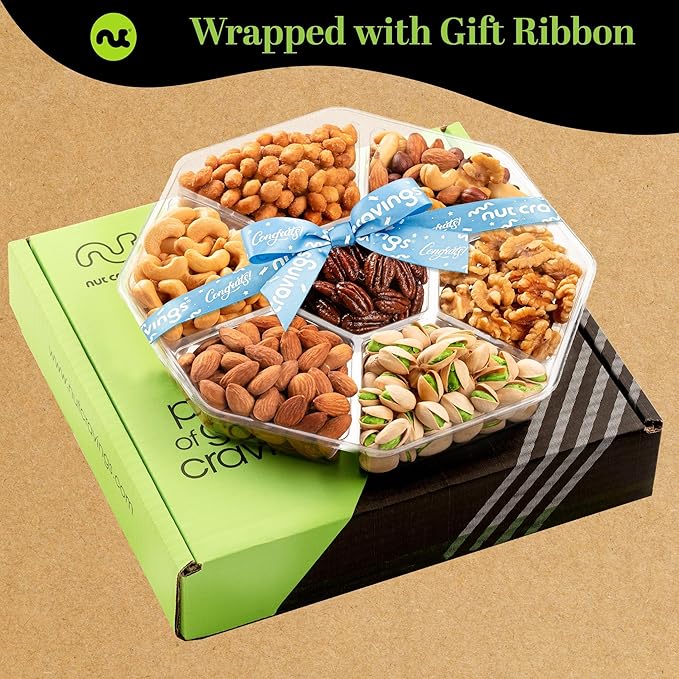 NUT CRAVINGS Gourmet Collection - Congratulations, Nuts Gift Basket with Congrats Ribbon + Greeting Card (7 Assortments) Graduation Food Platter, Healthy Snack Care Package, Food Assortments