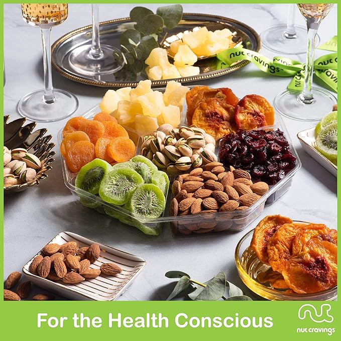 NUT CRAVINGS - Rosh Hashana & Shana Tova Dried Fruit & Mixed Nuts Gift Basket + Green Ribbon (7 Assortments, 2 LB) Food Arrangement, Healthy Snack Care Package, Food Assortments