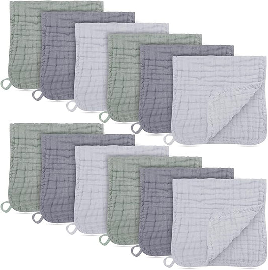 12 Pack Muslin Burp Cloths - Large 20" x 10", Ultra Absorbent 100% Cotton for Baby Drool and Messes - Soft, Gentle Baby Burp Rag for Boys & Girls -Grey, Green, Slate