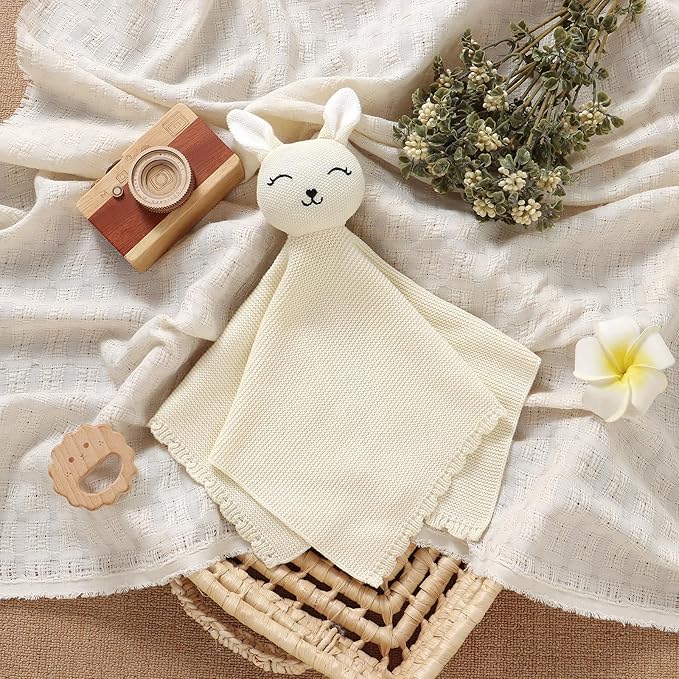 LAWKUL Bunny Lovey Baby Blanket Soft Cuddly Security Blanket Knit Snuggle Comfort for Newborns Toddler Boy Girl White 16x16in