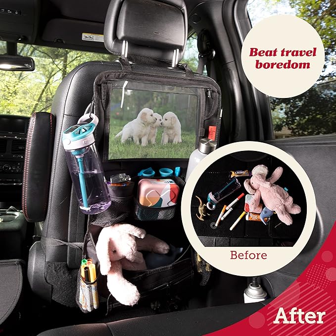 Lusso Gear Backseat Car Organizer- Kick Mat Protects Against Kids Feet - 12 Large Storage Pockets - iPad,Tablet, Water Bottle Holder- Durable, Heavy Duty Road Trip Essential (Black)