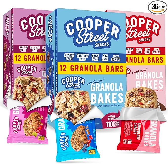 Cooper Street Granola Bakes (36 Count) – Soft and Chewy Breakfast Granola Bars Variety Pack – Nut, Dairy & Soy Free – Individually Wrapped Healthy Snacks for Kids, School, Work, Hiking & On-the-Go