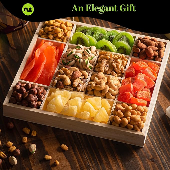 NUT CRAVINGS Gourmet Collection - Happy Birthday Treats, Dried Fruit & Mixed Nuts Gift Basket with Bday Ribbon in Reusable Wooden Tray (12 Assortments) Food Arrangement, Healthy Snack, Food Assortments