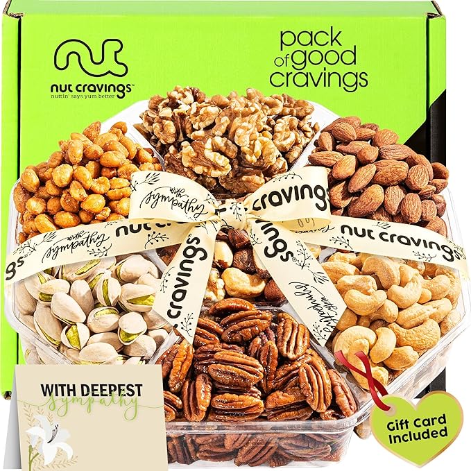 NUT CRAVINGS Gourmet Collection - Sympathy Condolence, Nuts Gift Basket with Sympathy Ribbon + Greeting Card (7 Assortments) Food Platter, Healthy Snack Care Package, Food Assortments