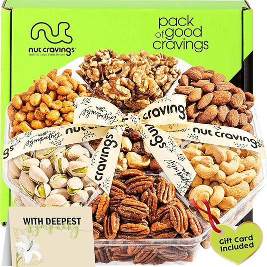NUT CRAVINGS Gourmet Collection - Sympathy Condolence, Nuts Gift Basket with Sympathy Ribbon + Greeting Card (7 Assortments) Food Platter, Healthy Snack Care Package, Food Assortments