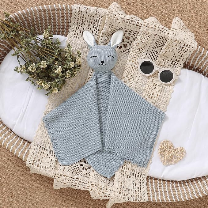 LAWKUL Bunny Lovey Baby Blanket Soft Cuddly Security Blanket Knit Snuggle Comfort for Newborns Toddler Boy Girl Blue 16x16in