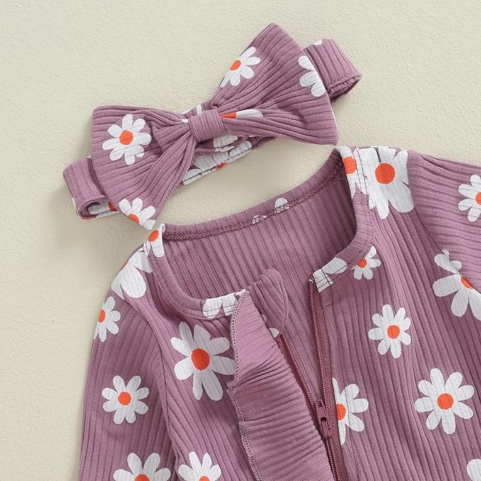 Newborn Girl Clothes Baby Girl Coming Home Outfit Zipper One-piece Outfits Ruffle Footie Bodysuit Jumpsuit Headband