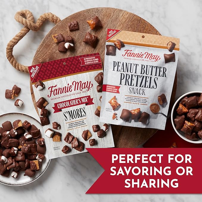 Fannie May, Milk Chocolate Candy, S'mores Snack Mix and Peanut Butter Pretzel Snack, 2 Pack, 18 oz and 22 oz Bags
