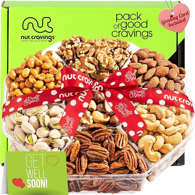 NUT CRAVINGS Gourmet Collection - Get Well Soon, Nuts Gift Basket with Get Well Soon Ribbon (7 Assortments) Food Platter, Healthy Snack Care Package, Food Assortments