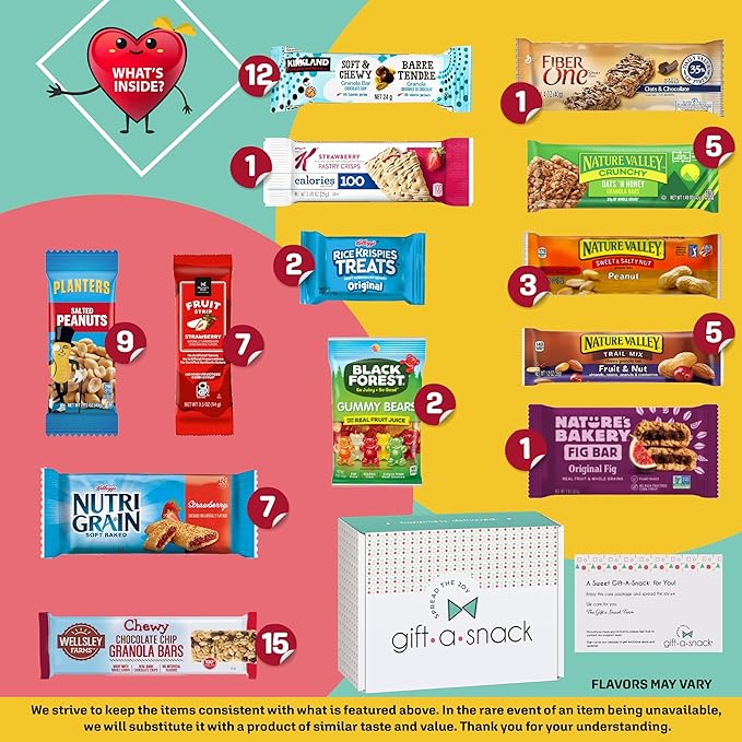 Gift A Snack - Back to School/Off to College Healthy Granola Breakfast Bars, Snack Box Care Package + Greeting Card (70 Count) Birthday Treats Gift Basket Nutritious Chips, Office Food Assortments
