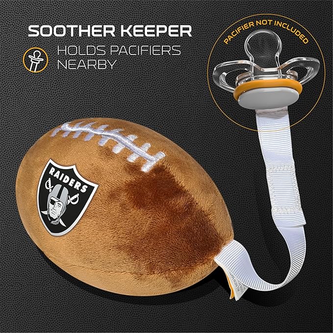 Las Vegas Raiders Plush Football Pacifier Holder by Smilo - Officially Licensed NFL Soother Holder - Soft Plush Toy and Dummy Holder - Fits Any Pacifier - Stroller Accessory & Newborn Essential