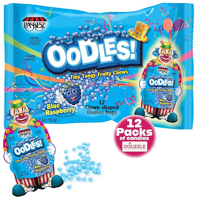 DOUzzle Back To School Oodles Clown Shaped, Blue Raspberry Tiny Tangy Chews (12 Count, 1 Pack) Individually Wrapped, Party Favor, Goodie Bag & Pinata Filler - Kosher Parve