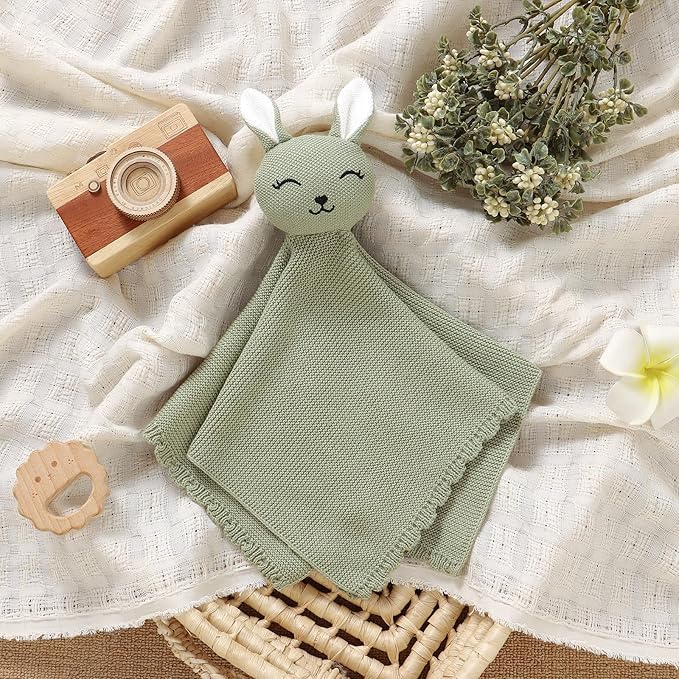 LAWKUL Bunny Lovey Baby Blanket Soft Cuddly Security Blanket Knit Snuggle Comfort for Newborns Toddler Boy Girl Green 16x16in