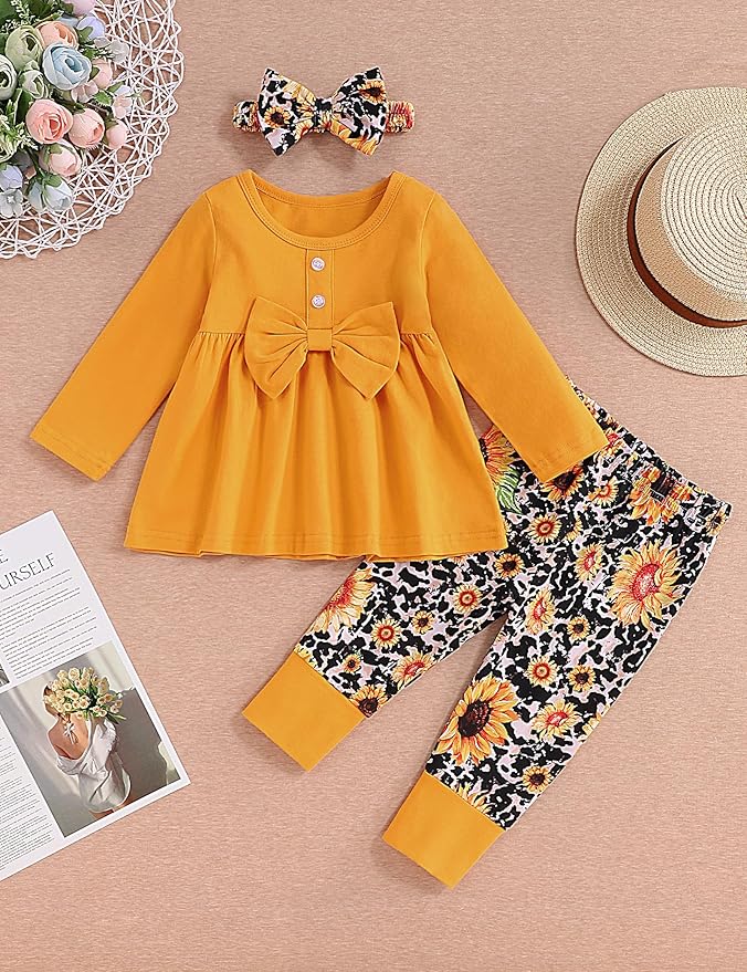 oklady Toddler Baby Girl Clothes Solid Color Ruffle Tops Floral Pants with Headband Fall Winter Cute Girl Outfits