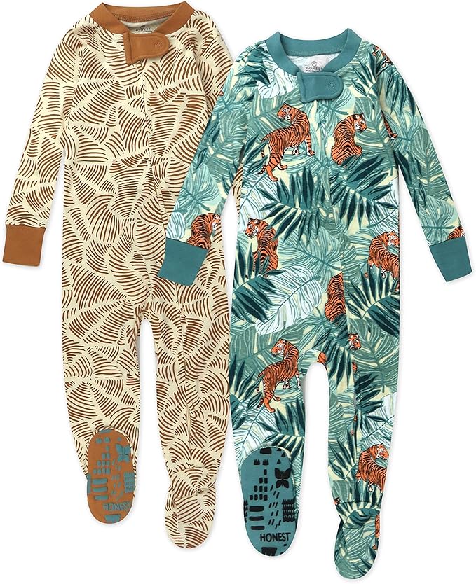 HonestBaby 2-Pack Non-Slip Footed Pajamas One-Piece Sleeper Jumpsuit Zip-Front Pjs 100% Organic Cotton for Baby Girls