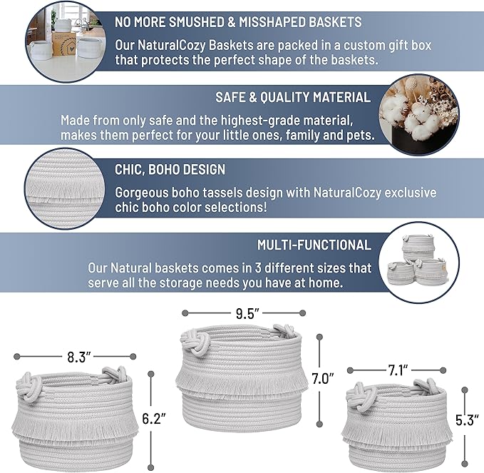 NaturalCozy 3-Piece Decorative Storage Basket Set – Cotton Rope Woven Baskets for Organizing! Small Storage Bins for Nursery Baby Stuff, Gift, Montessori, Dog Toy Bin, Cat Toys, Bathroom Shelves