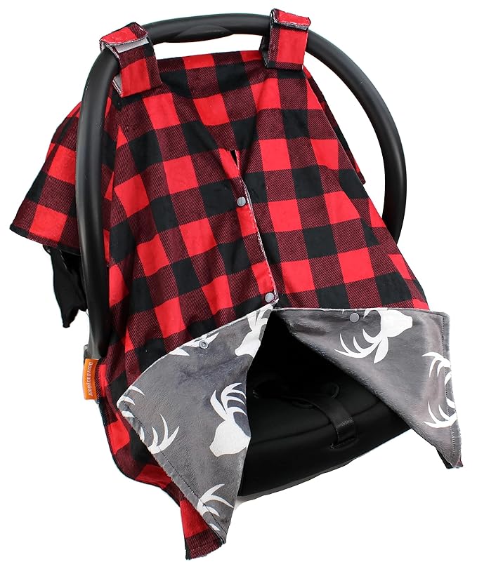 Dear Baby Gear - 40x30 Car Seat Canopy, Infant Carrier Cover for Boys & Girls, Cozy Fall, Nursing & Stroller Use, Newborn Travel Sunshade, White Antlers, Plaid Red & Black Buffalo
