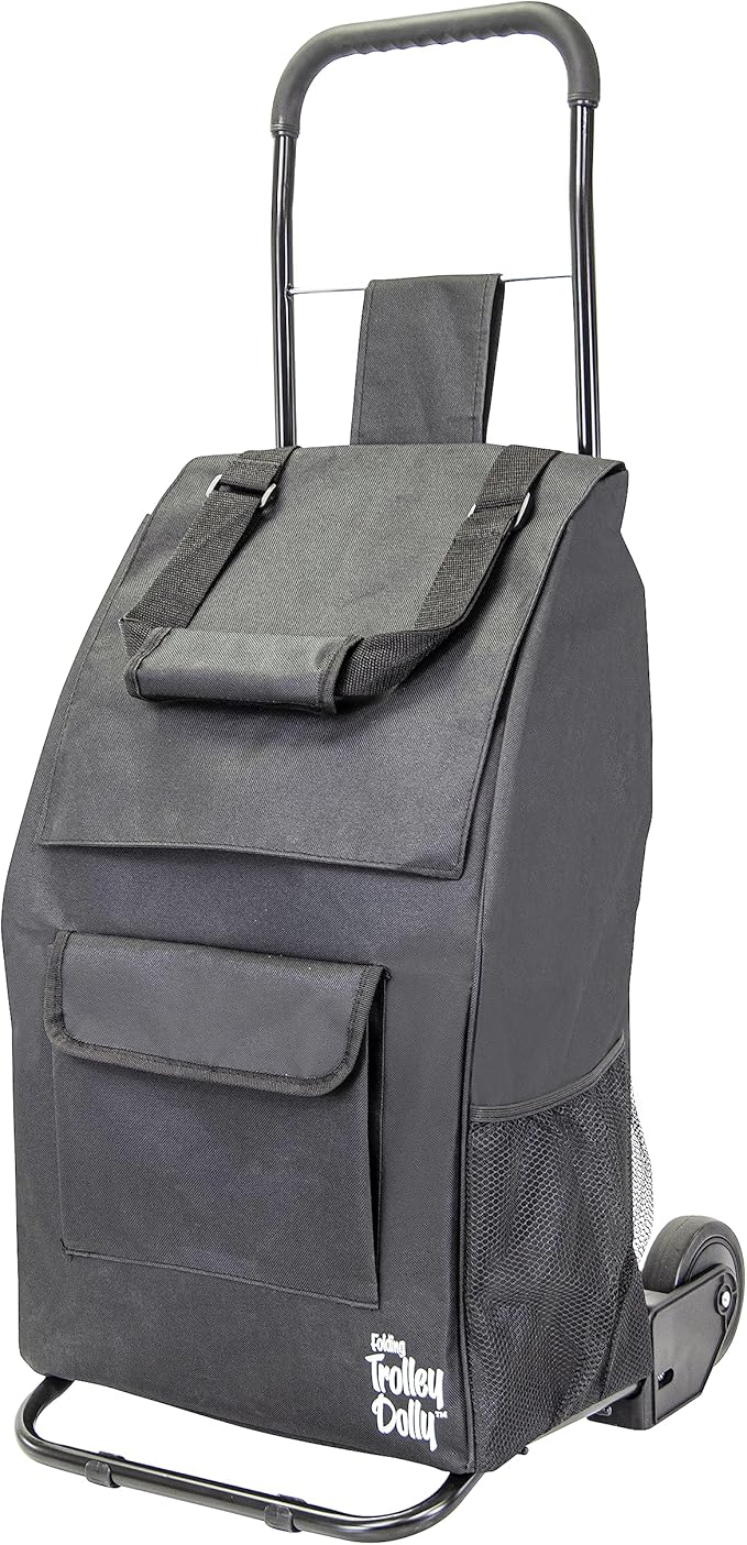 dbest products Trolley Dolly Compact with Pockets – Foldable Grocery Cart on Wheels – Multi Use Rolling Cart with Removable Bag, Storage Pockets, and Hand Truck Dolly Function, Black