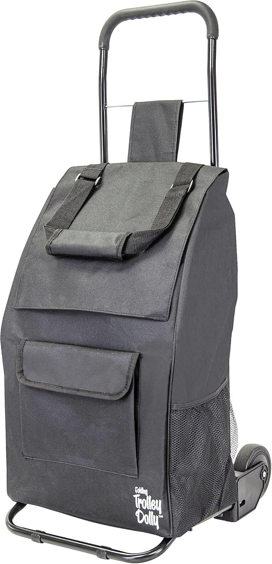 dbest products Trolley Dolly Compact with Pockets – Foldable Grocery Cart on Wheels – Multi Use Rolling Cart with Removable Bag, Storage Pockets, and Hand Truck Dolly Function, Black