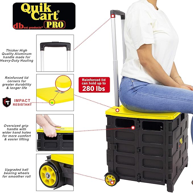 dbest products Quik Cart Pro Wheeled Rolling Crate Teacher Utility with seat Heavy Duty Collapsible Basket with Handle, Yellow