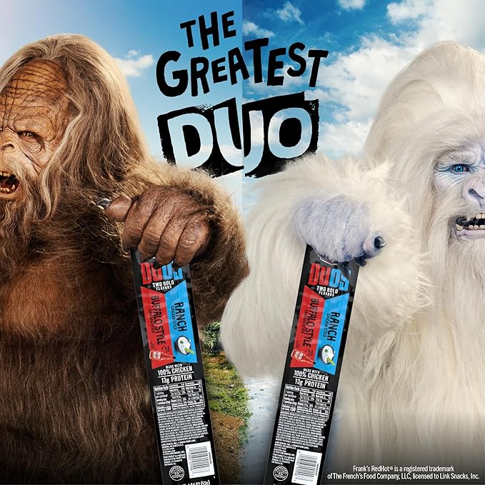 Jack Link's DUOs Chicken Jerky Meat Snack Sticks with 13g Protein - Frank's RedHot Buffalo Style With Creamy Ranch, Made with 100% Chicken, Two Flavors in One Package, 1.84oz (10 Pack of 2 Sticks)