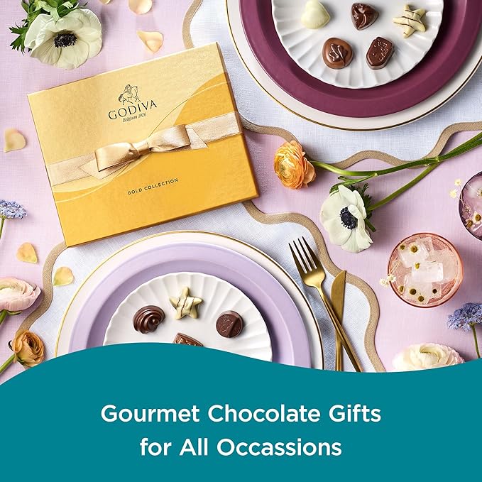 Godiva Assorted Chocolate Gift Box- Milk, White and Dark Chocolate with Caramel and Nuts, Gourmet Chocolate Candy Gift Basket for Congratulations, Birthday and Anniversary, Aqua Ribbon, 18-Piece