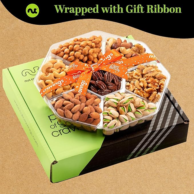 NUT CRAVINGS Gourmet Collection - Happy Birthday Treats, Nuts Gift Basket with Bday Ribbon (7 Assortments) Food Platter, Healthy Snack Care Package, Food Assortments