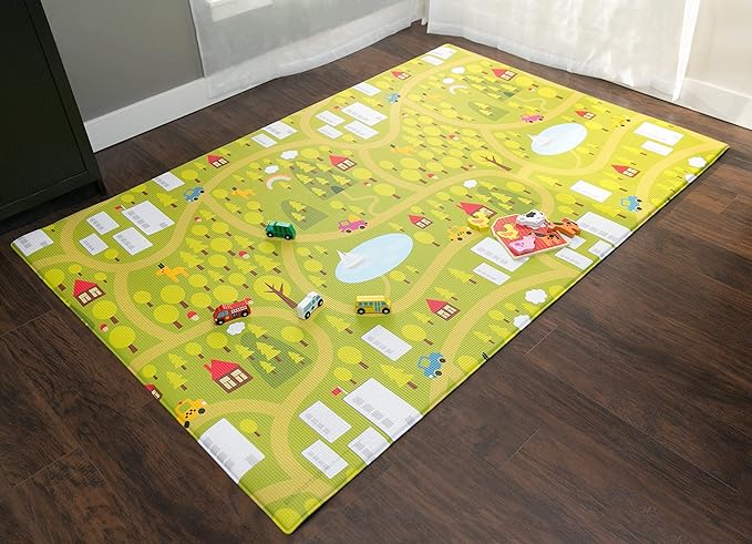 Baby Care Play Mat (Large, Playful - Country Town (Blue)) 82'' x 55'' Original One-Piece Reversible Rollable Waterproof Play Mat for Infants, Babies, Toddler, and Kids