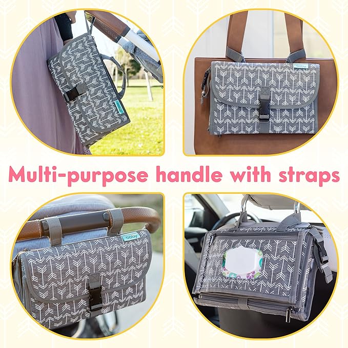 Kopi Baby Portable Diaper Changing Pad - Baby Diaper Changer Travel Bag with Wipes Pocket, Smart Design Portable Changing Mat, Infant Travel Station Kit, Gift for Newborn Girl & Boy - Classic