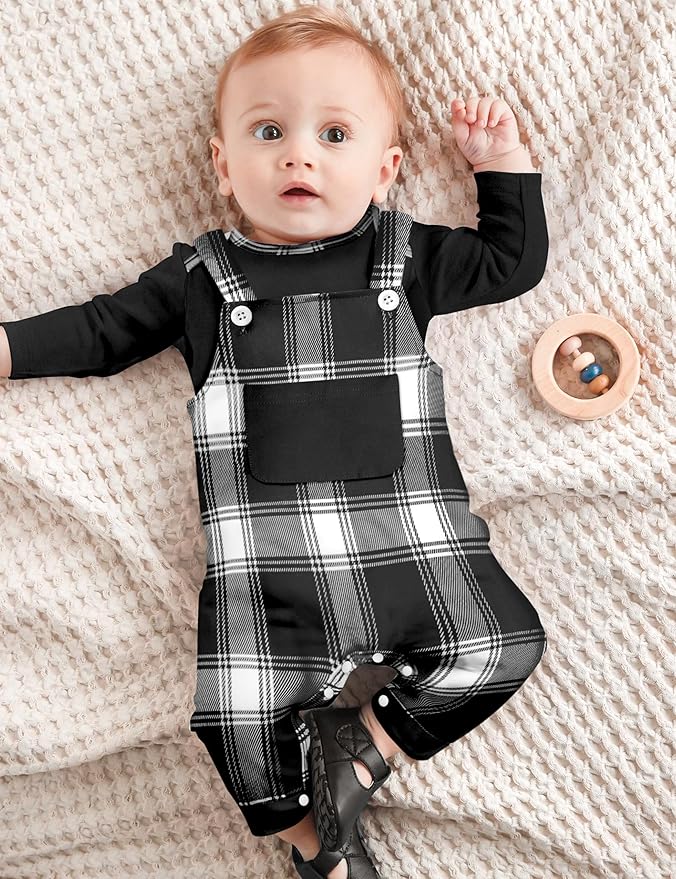 Baby Boy Clothes Long Sleeve Animal Plaid Romper + Overalls Infant Boy Clothes 2PCS Fall Winter Outfits