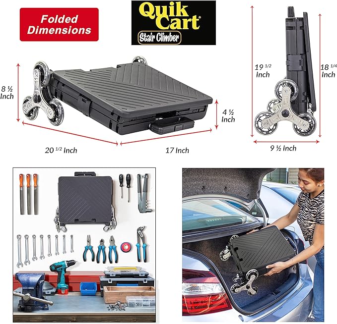 dbest products Quik Cart Stair Climber Wheeled Rolling Crate Teacher Utility with seat Heavy Duty Collapsible Basket with Handle, 18" D x 17" W x 39" H, Black