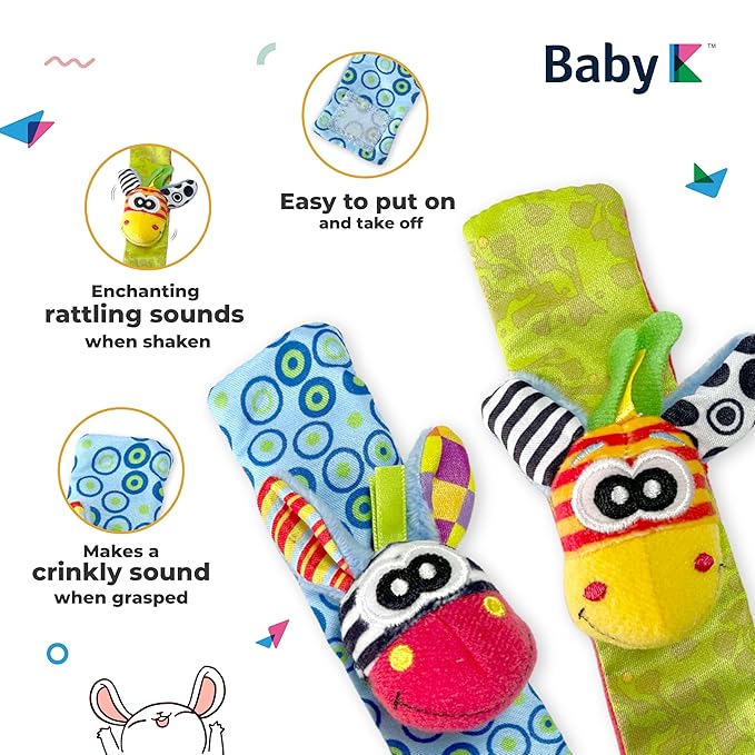BABY K Foot Finder Socks & Wrist Rattles (Set H) - Newborn Toys for Baby Boy or Girl - Brain Development Infant Toys - Hand and Foot Rattles Suitable for 0-3, 3-6, 6-12 Months Babies