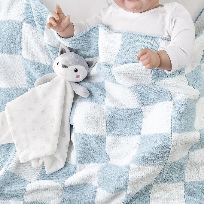 CREVENT 30"X40" Cozy Soft Warm Chenille Baby Blanket for Girls Boys, Newborn Essentials for Infant, Baby Shower Receiving Gift - Checked Blue 75X100cm