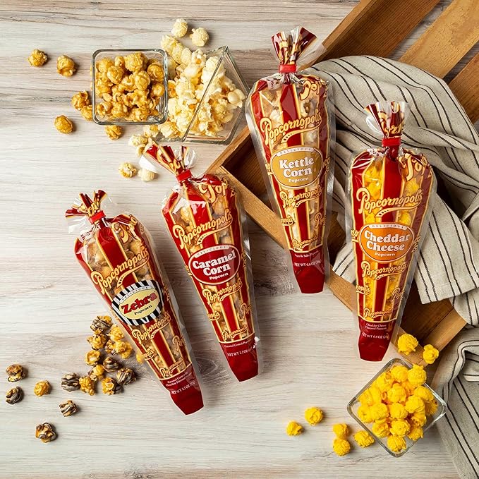 Popcornopolis Gourmet Popcorn Mini Cones Variety Pack – 10 Each of Zebra, Cheddar Cheese, Caramel & Kettle Corn Popcorn, Great for Gifting, Parties & Snacks, (40-Count Case)