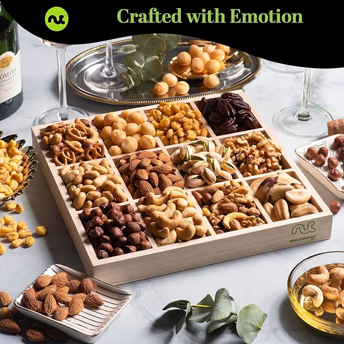 NUT CRAVINGS Gourmet Collection - Christmas Treats Nuts Gift Basket with Happy Holiday Ribbon in Reusable Wooden Tray (12 Assortments) Food Arrangement, Healthy Snack Care Package, Food Assortments