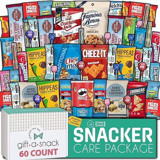 Gift A Snack - Back to School/Off to College Snack Box Variety Pack Care Package + Greeting Card (60 Count) Birthday Sweet Treats Gift Basket, Candies Chips Crackers Bars, Office Food Assortments